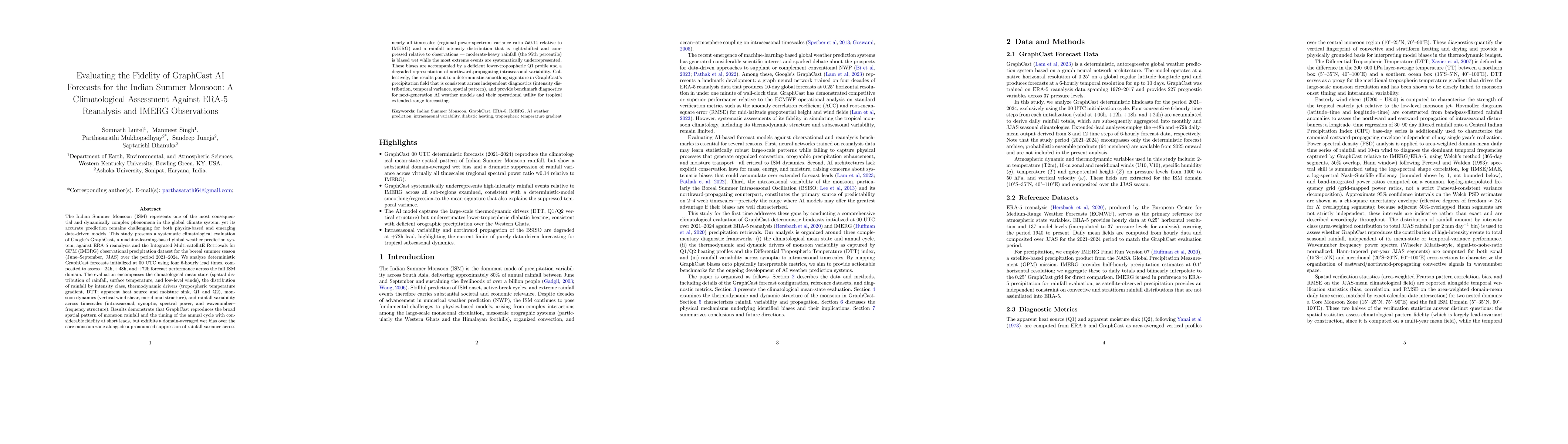 Thumbnail for Evaluating the Fidelity of GraphCast AI Forecasts for the Indian Summer Monsoon: A Climatological Assessment Against ERA-5 Reanalysis and IMERG Observations