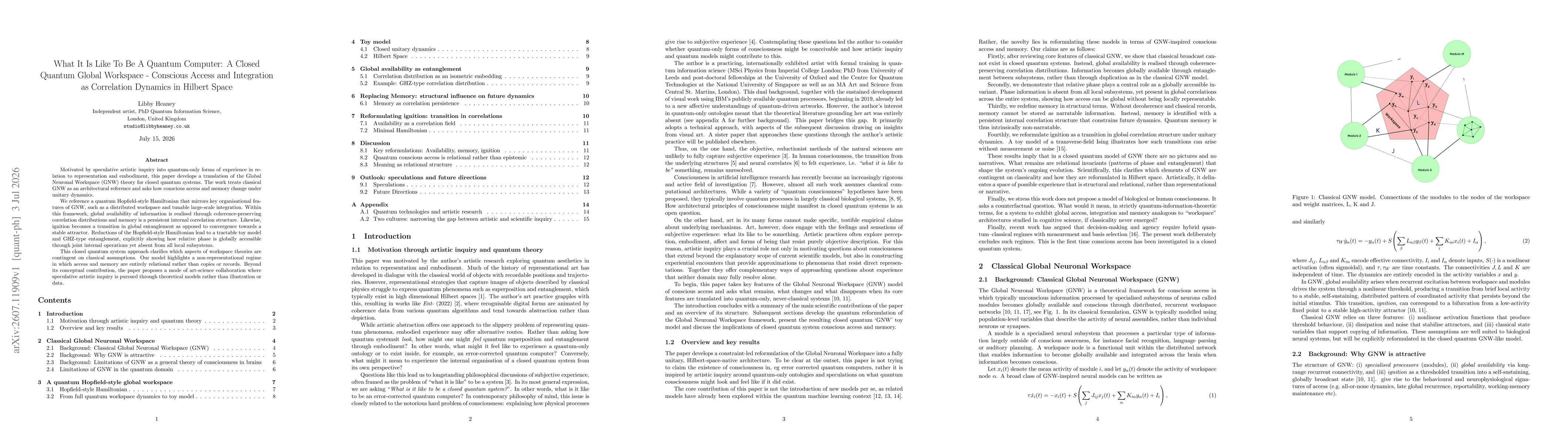 Thumbnail for What It Is Like To Be A Quantum Computer: A Closed Quantum Global Workspace -- Conscious Access and Integration as Correlation Dynamics in Hilbert Space