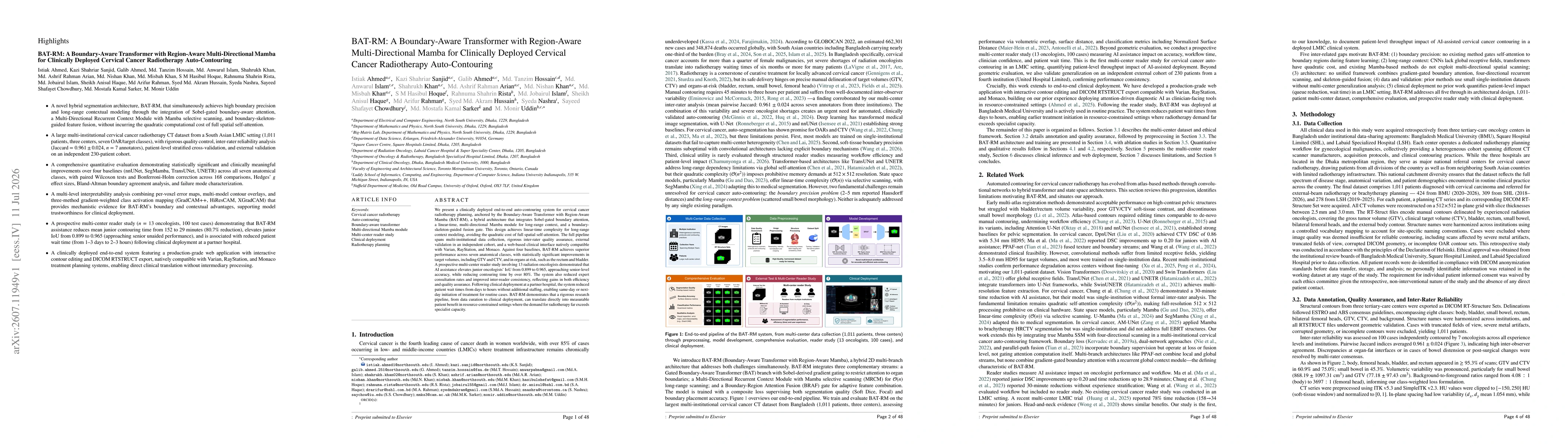 Thumbnail for BAT-RM: A Boundary-Aware Transformer with Region-Aware Multi-Directional Mamba for Clinically Deployed Cervical Cancer Radiotherapy Auto-Contouring