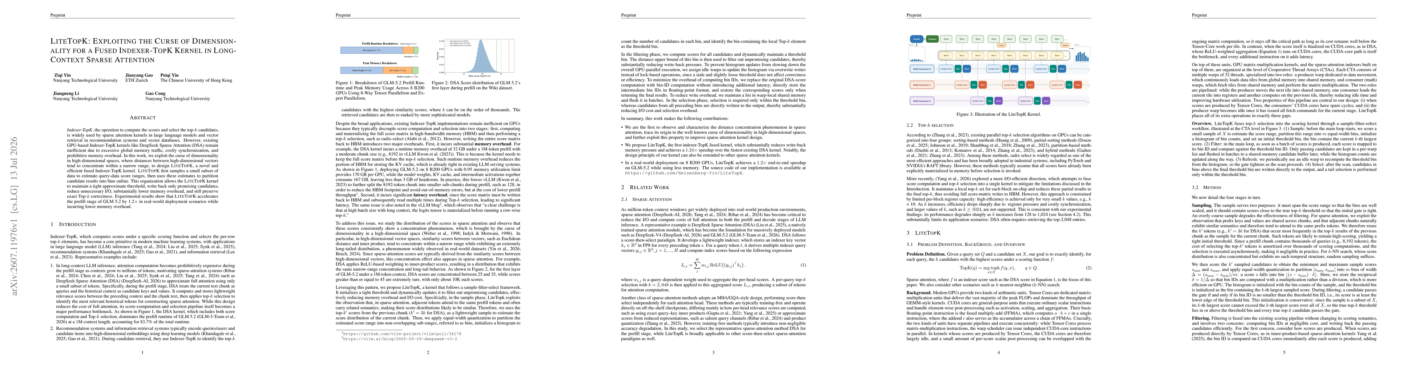 Thumbnail for LiteTopK: Exploiting the Curse of Dimensionality for a Fused Indexer-TopK Kernel in Long-Context Sparse Attention