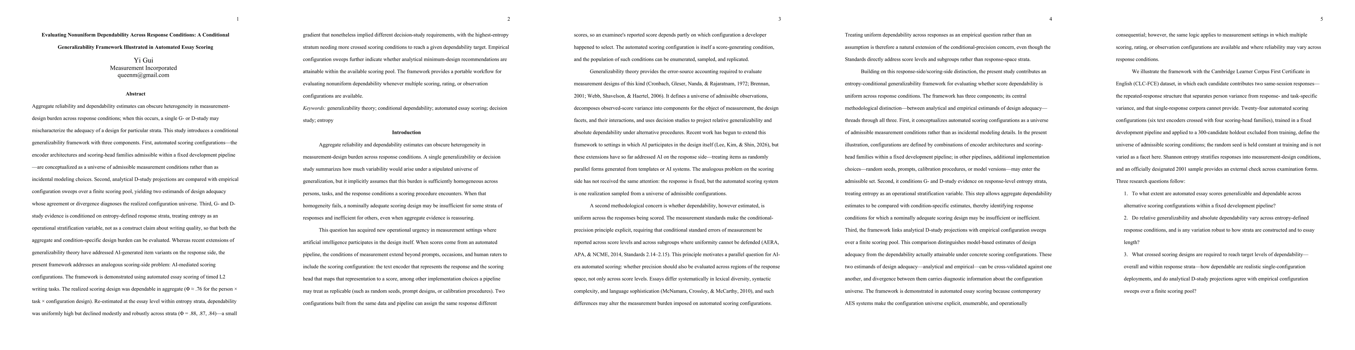 Thumbnail for Evaluating Nonuniform Dependability Across Response Conditions: A Conditional Generalizability Framework Illustrated in Automated Essay Scoring