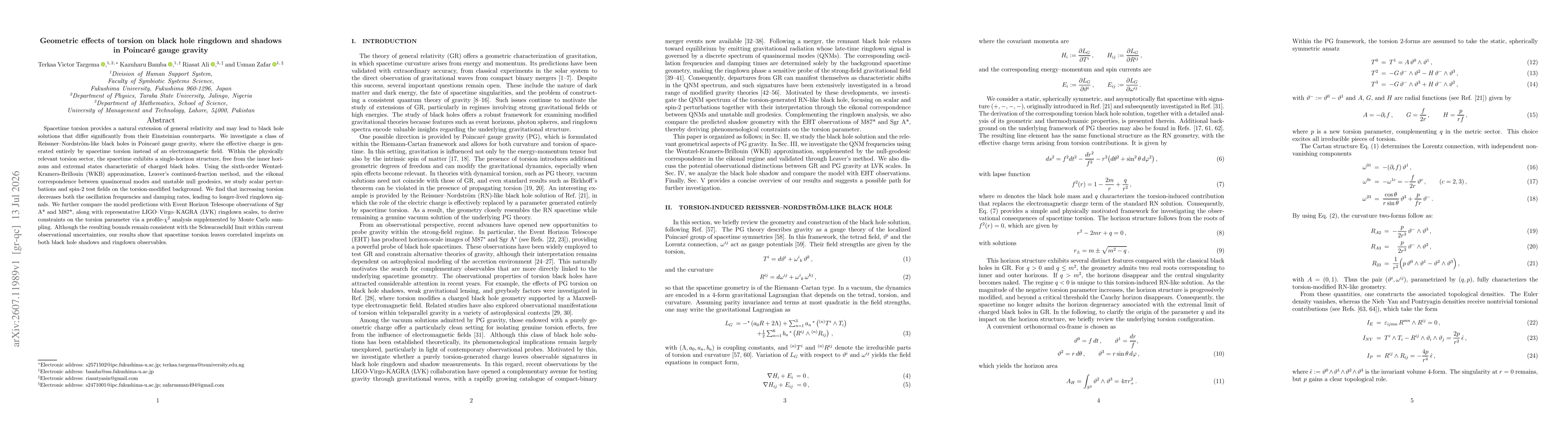 Thumbnail for Geometric effects of torsion on black hole ringdown and shadows in Poincaré gauge gravity