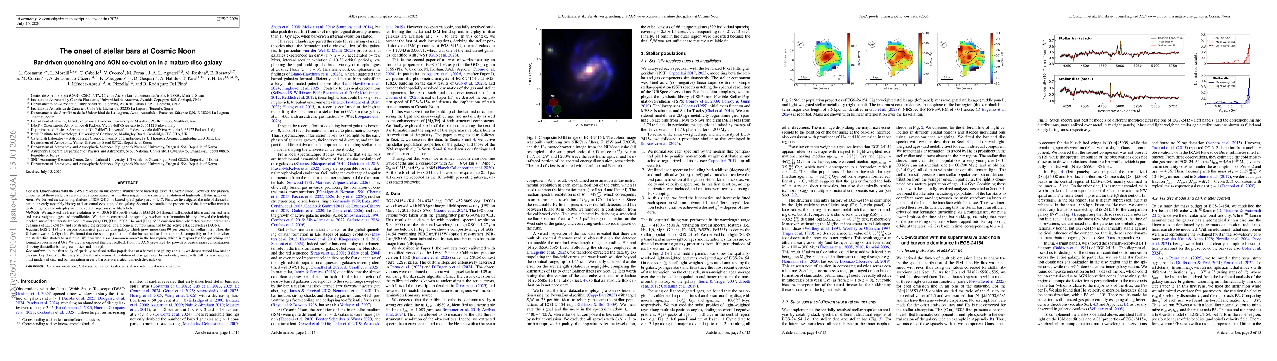 Thumbnail for The onset of stellar bars at Cosmic Noon. Bar-driven quenching and AGN co-evolution in a mature disc galaxy