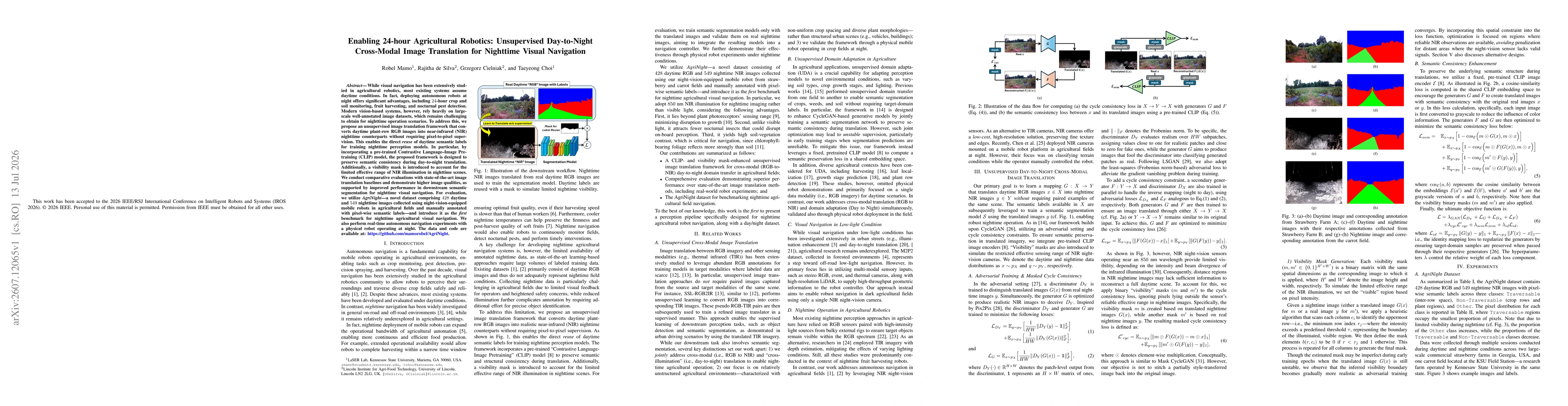 Thumbnail for Enabling 24-hour Agricultural Robotics: Unsupervised Day-to-Night Cross-Modal Image Translation for Nighttime Visual Navigation