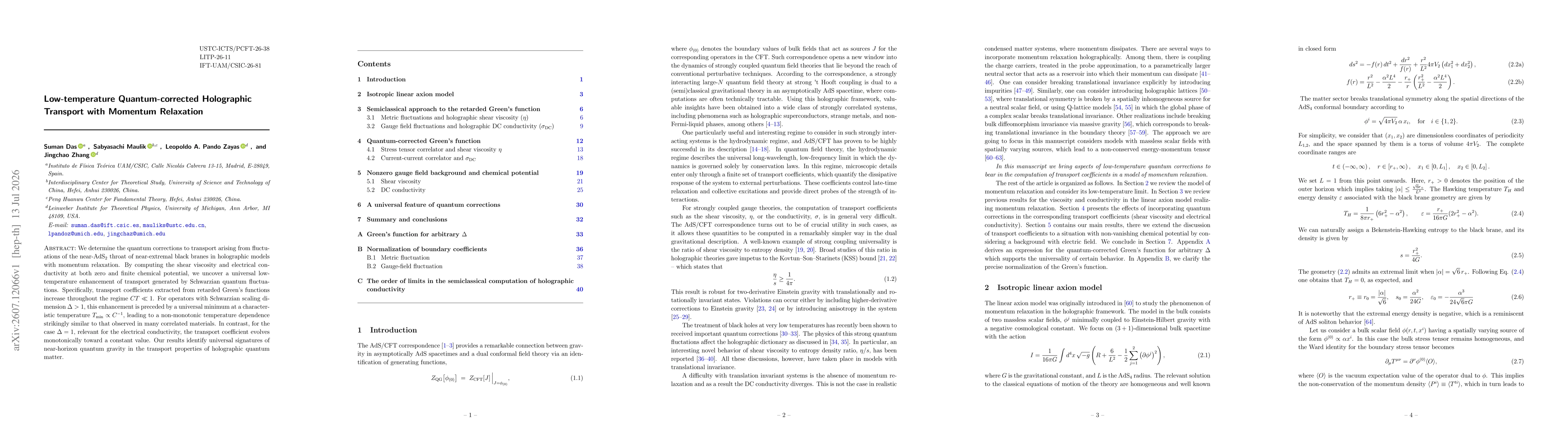 Thumbnail for Low-temperature Quantum-corrected Holographic Transport with Momentum Relaxation