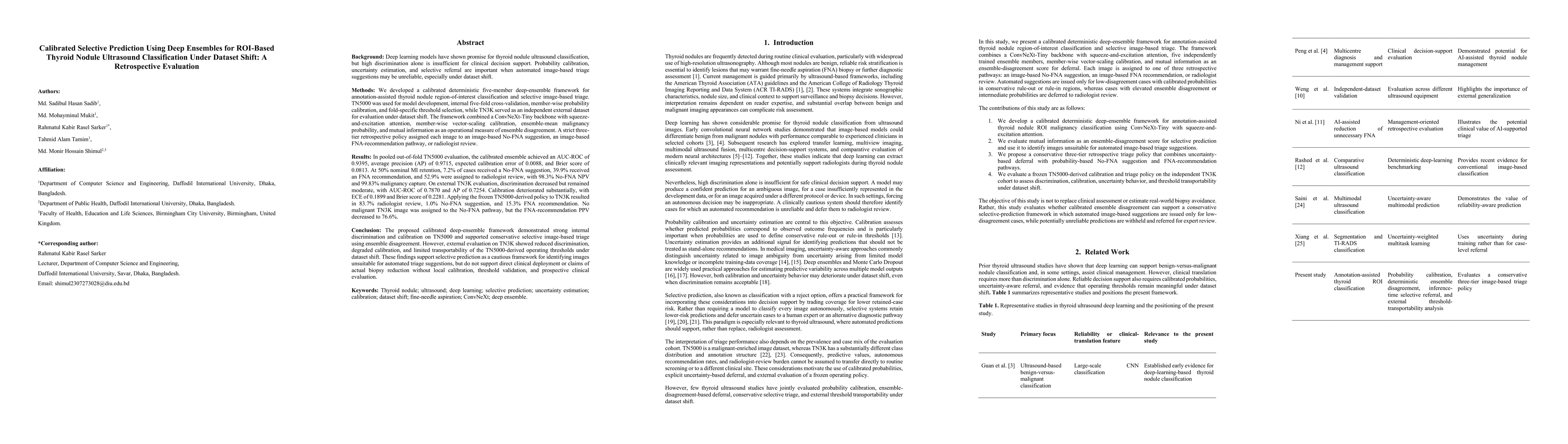 Thumbnail for Calibrated Selective Prediction Using Deep Ensembles for ROI-Based Thyroid Nodule Ultrasound Classification Under Dataset Shift: A Retrospective Evaluation
