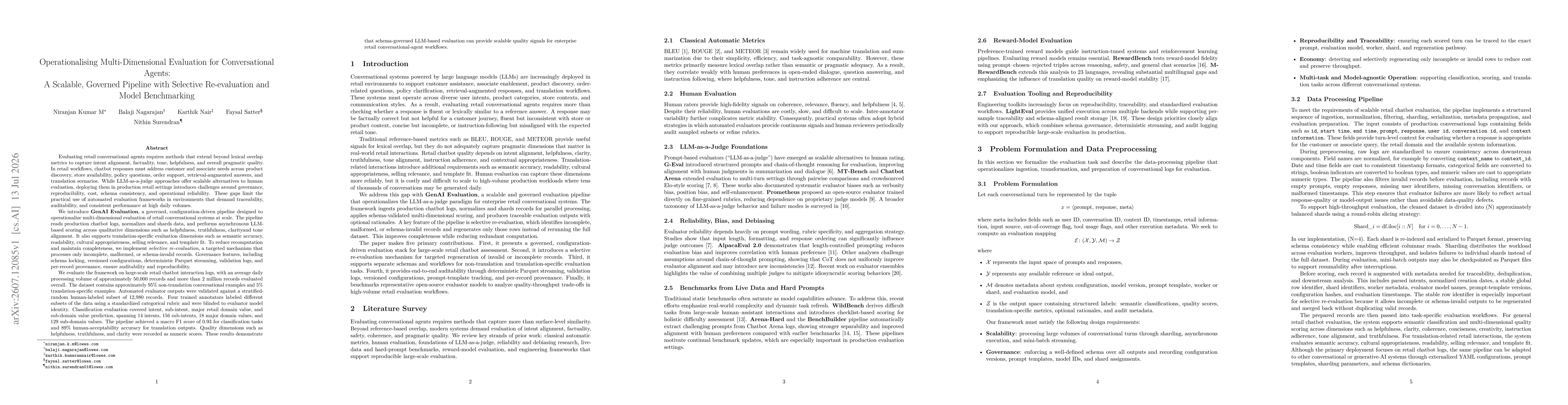Thumbnail for Operationalising Multi-Dimensional Evaluation for Conversational Agents: A Scalable, Governed Pipeline with Selective Re-evaluation and Model Benchmarking