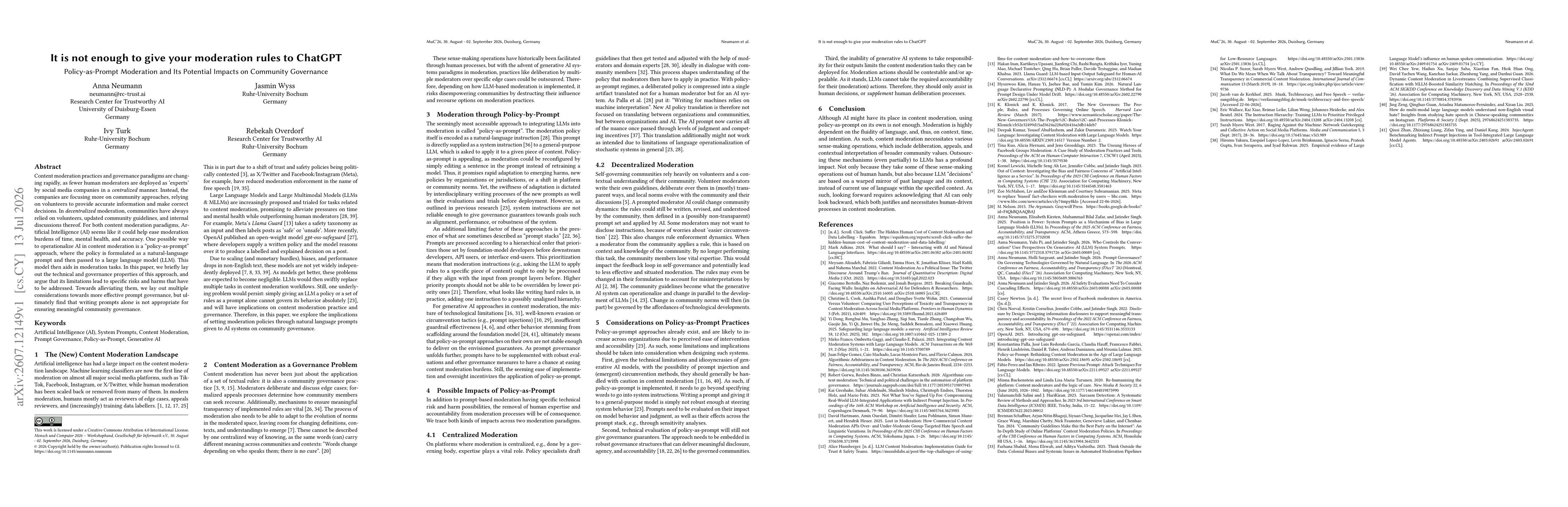 Thumbnail for It is not enough to give your moderation rules to ChatGPT: Policy-as-Prompt Moderation and Its Potential Impacts on Community Governance