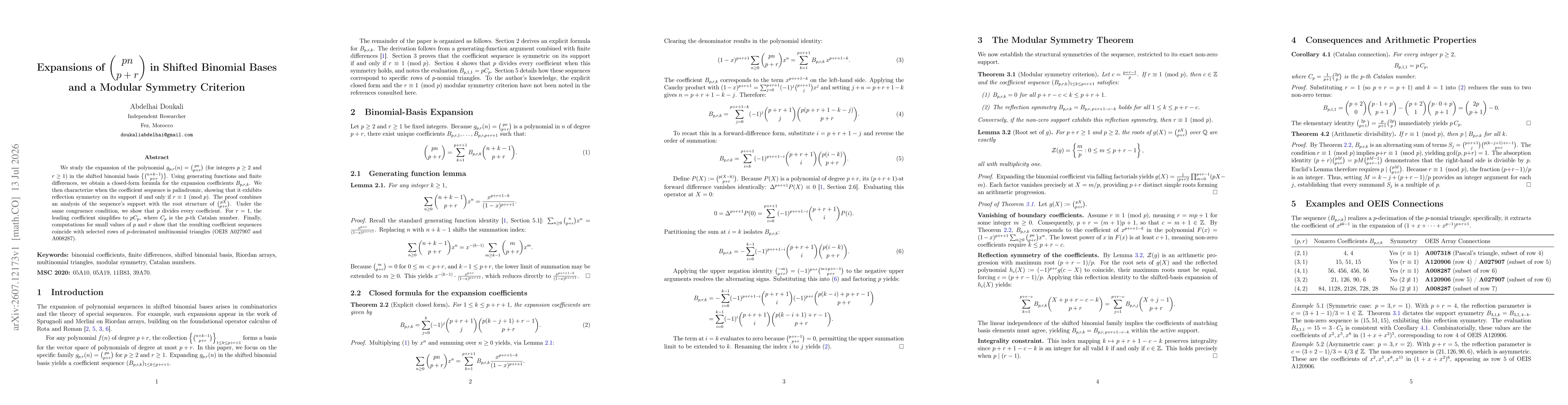 Thumbnail for Expansions of $\binom{pn}{p+r}$ in Shifted Binomial Bases and a Modular Symmetry Criterion