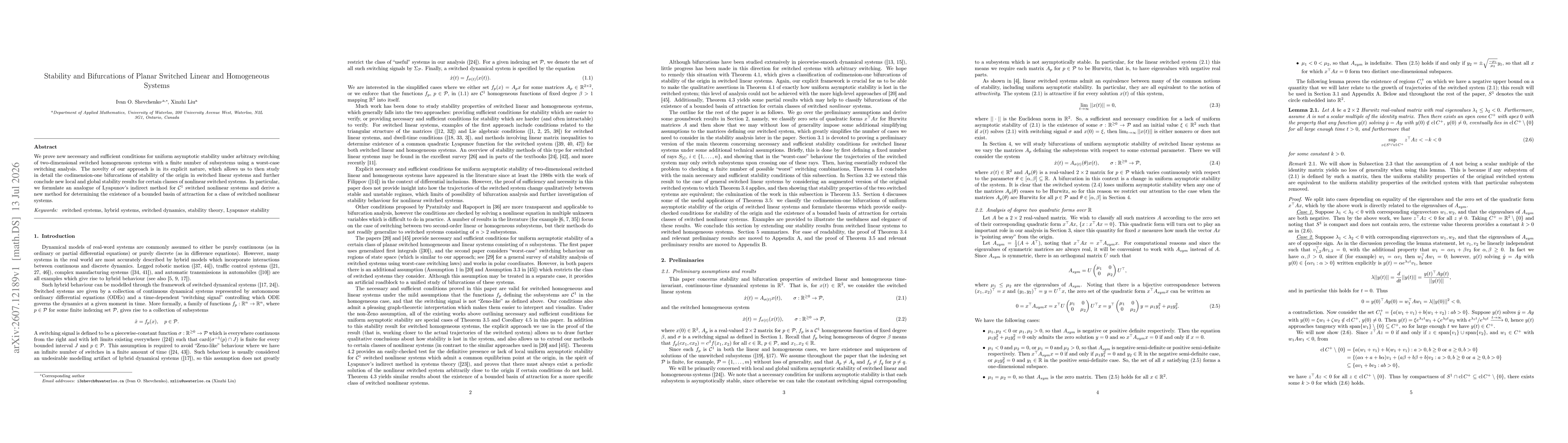 Thumbnail for Stability and Bifurcations of Planar Switched Linear and Homogeneous Systems