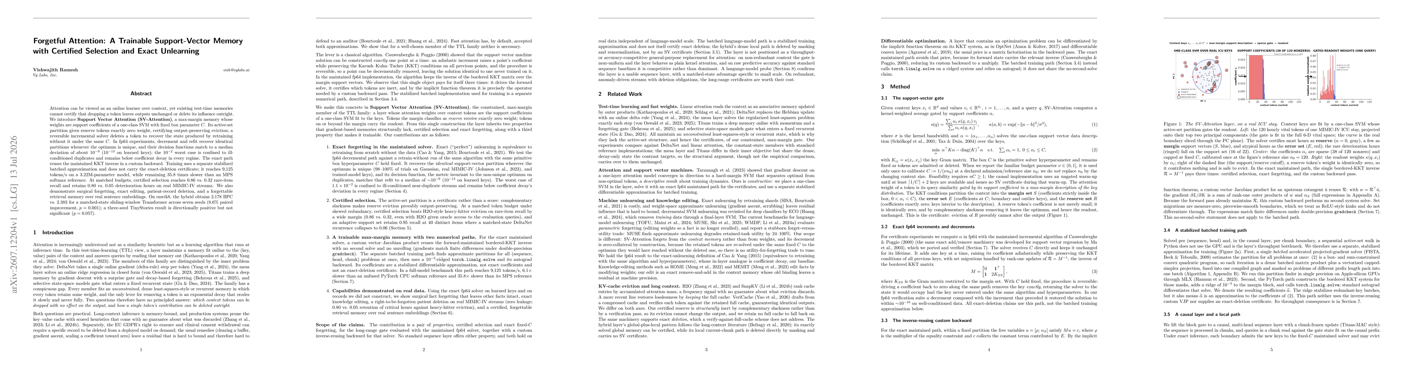 Thumbnail for Forgetful Attention: A Trainable Support-Vector Memory with Certified Selection and Exact Unlearning