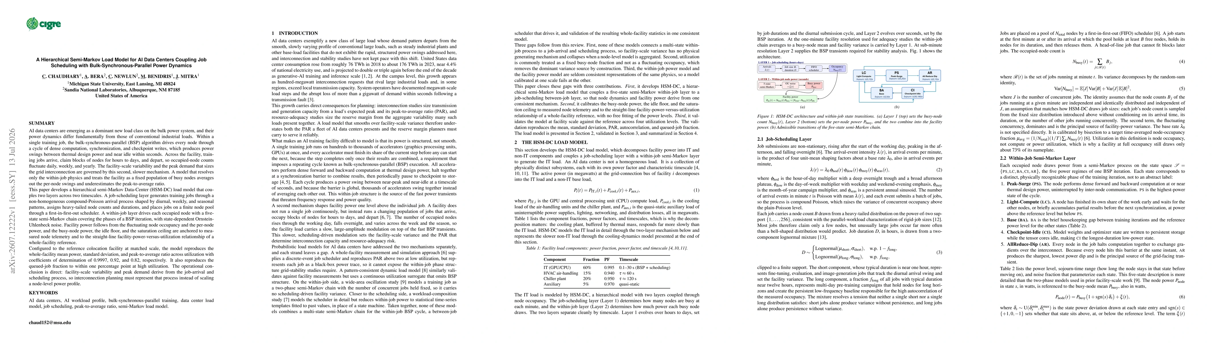 Thumbnail for A Hierarchical Semi-Markov Load Model for AI Data Centers Coupling Job Scheduling with Bulk-Synchronous-Parallel Power Dynamics