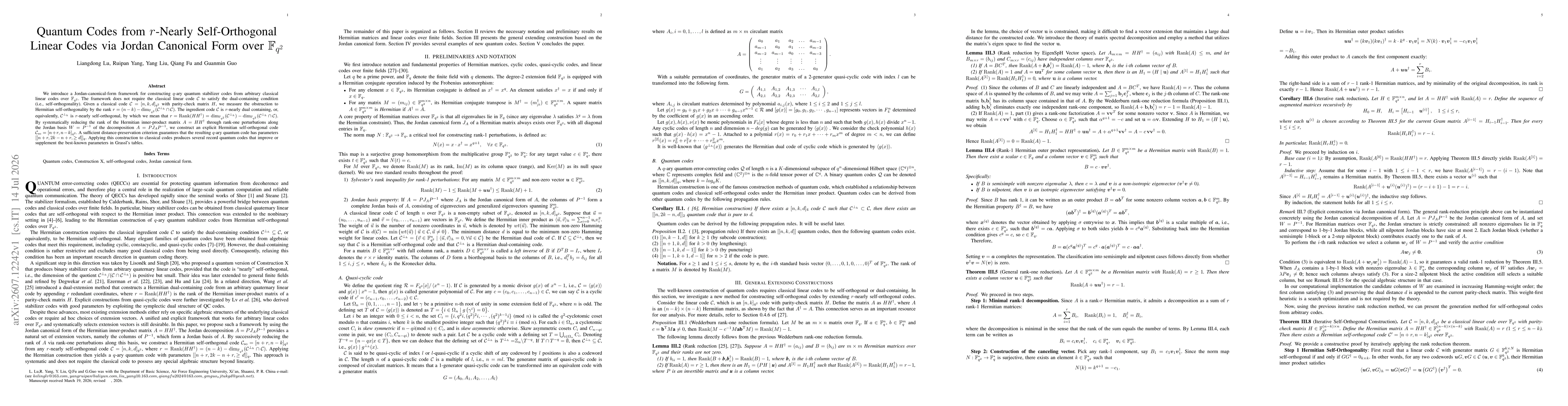 Thumbnail for Quantum Codes from $r$-Nearly Self-Orthogonal Linear Codes via Jordan Canonical Form over $\mathbb{F}_{q^2}$