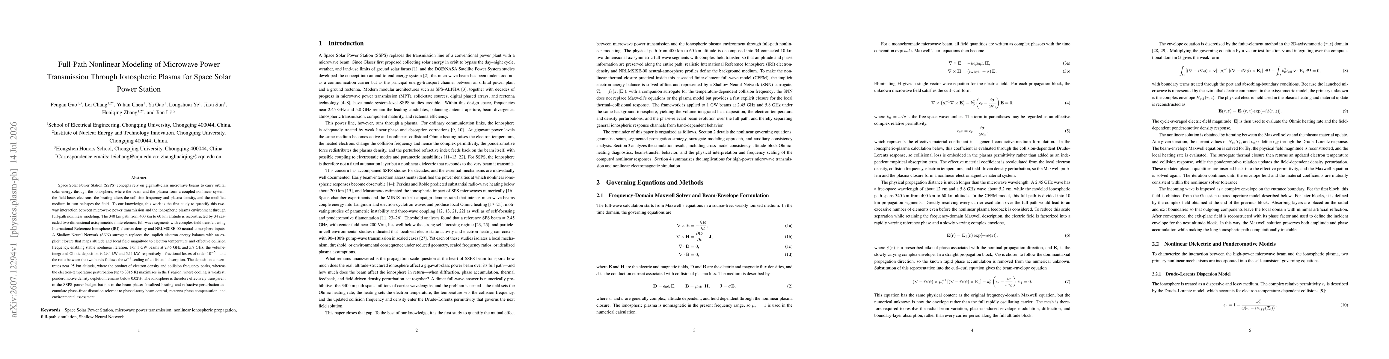 Thumbnail for Full-Path Nonlinear Modeling of Microwave Power Transmission Through Ionospheric Plasma for Space Solar Power Station
