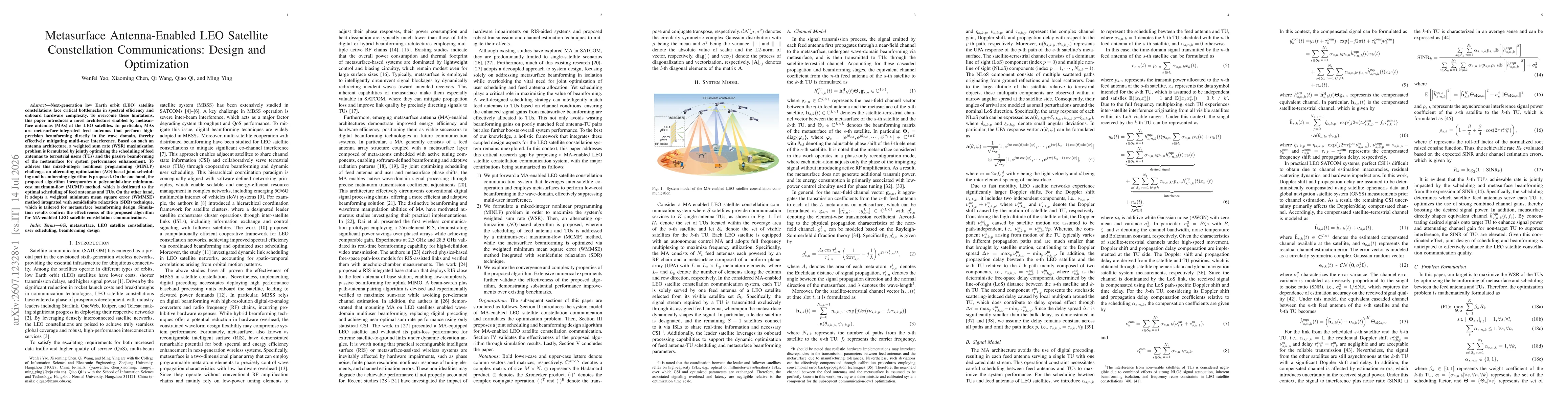 Thumbnail for Metasurface Antenna-Enabled LEO Satellite Constellation Communications: Design and Optimization