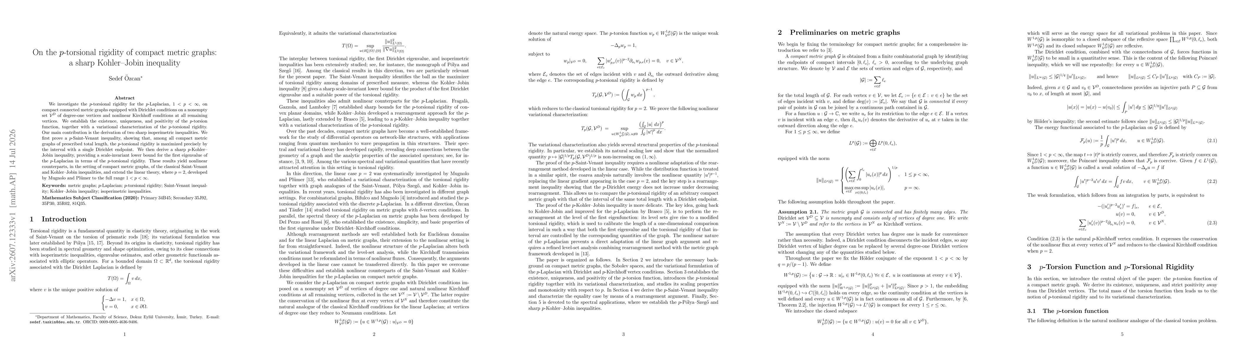 Thumbnail for On the p-torsional rigidity of compact metric graphs: a sharp Kohler--Jobin inequality