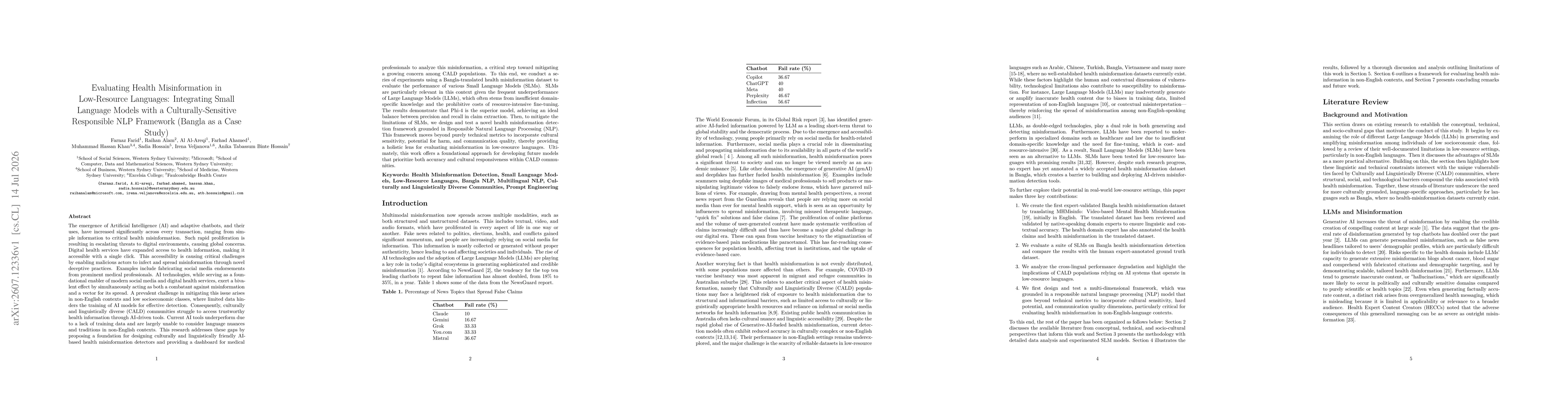Thumbnail for Evaluating Health Misinformation in Low-Resource Languages: Integrating Small Language Models with a Culturally-Sensitive Responsible NLP Framework (Bangla as a Case Study)