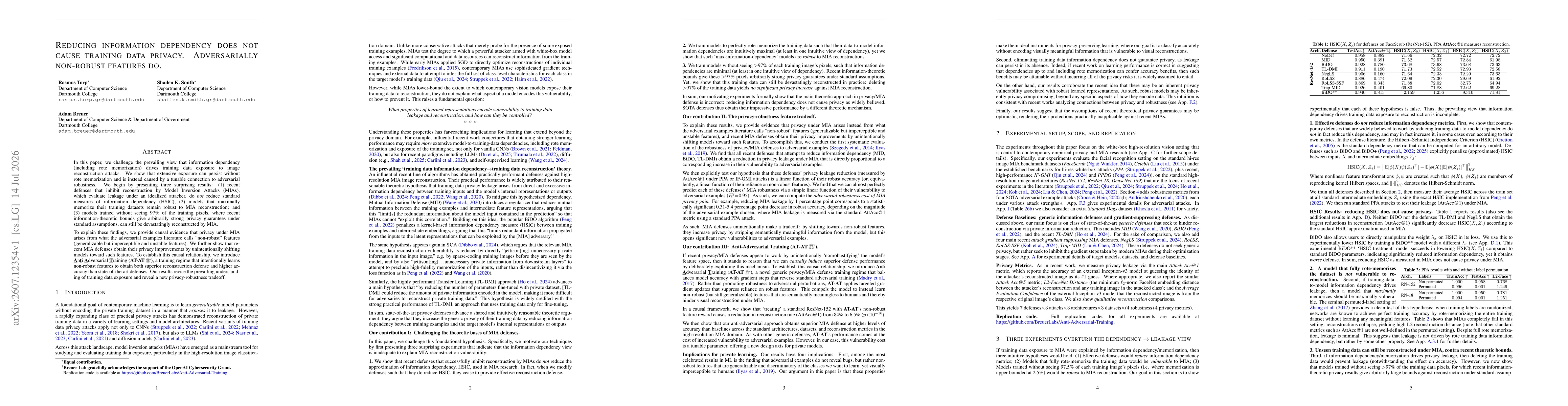 Thumbnail for Reducing information dependency does not cause training data privacy. Adversarially non-robust features do