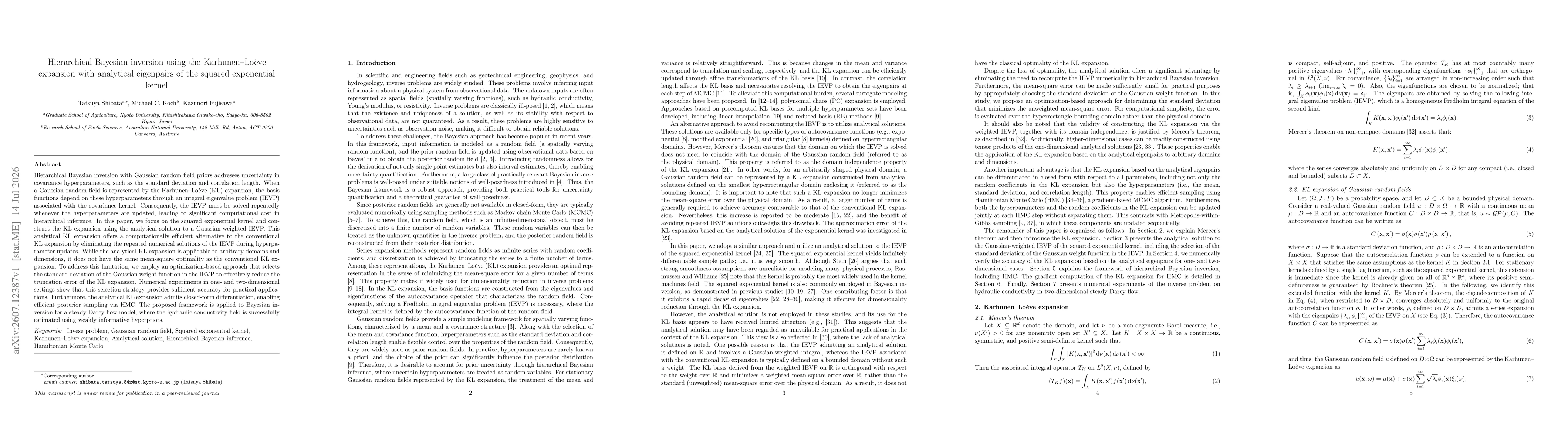 Thumbnail for Hierarchical Bayesian inversion using the Karhunen-Loève expansion with analytical eigenpairs of the squared exponential kernel