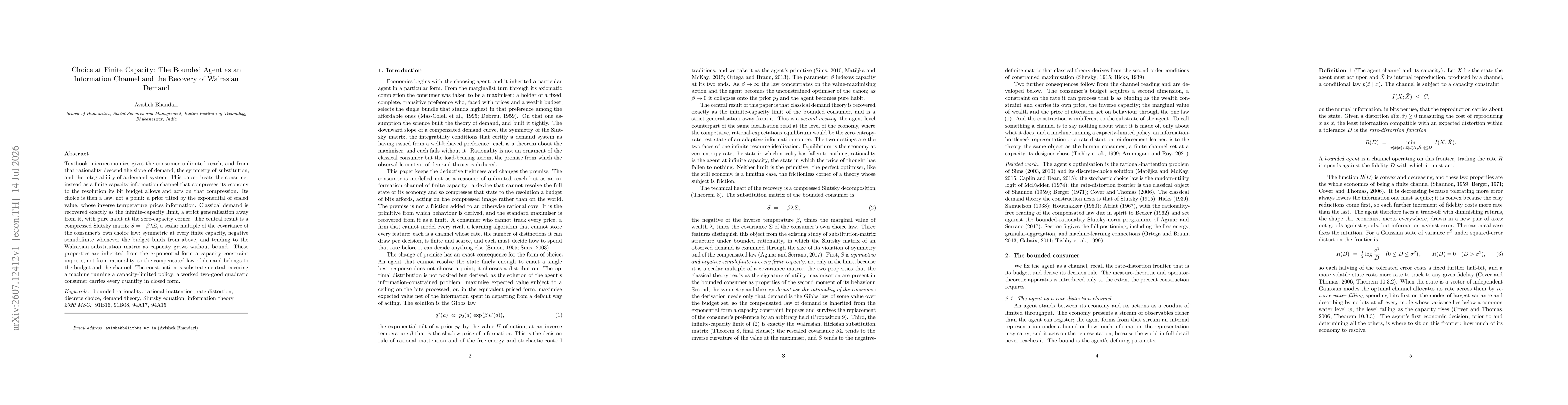 Thumbnail for Choice at Finite Capacity: The Bounded Agent as an Information Channel and the Recovery of Walrasian Demand