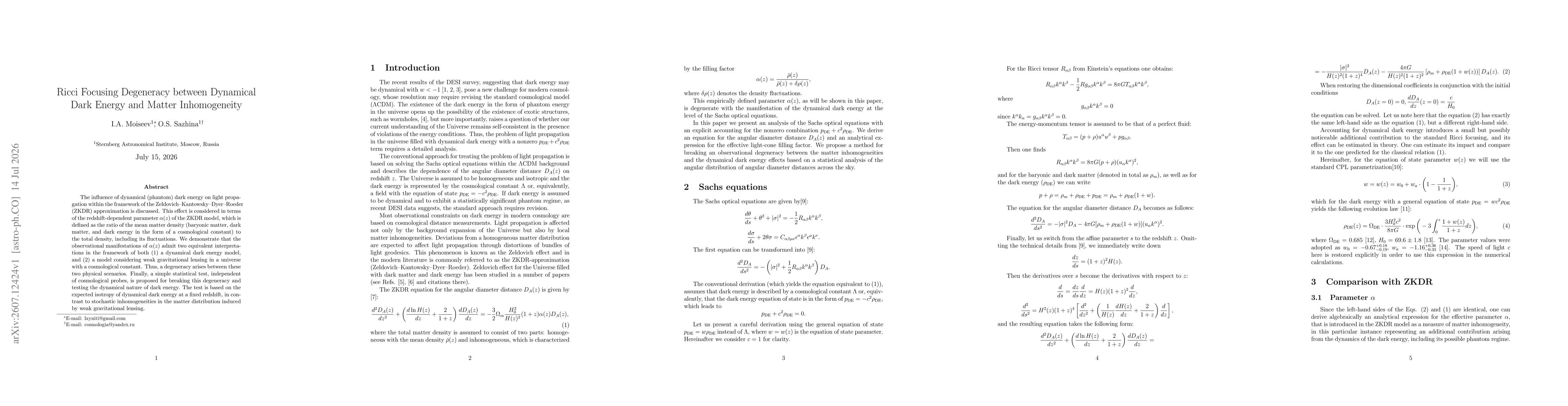 Thumbnail for Ricci Focusing Degeneracy between Dynamical Dark Energy and Matter Inhomogeneity