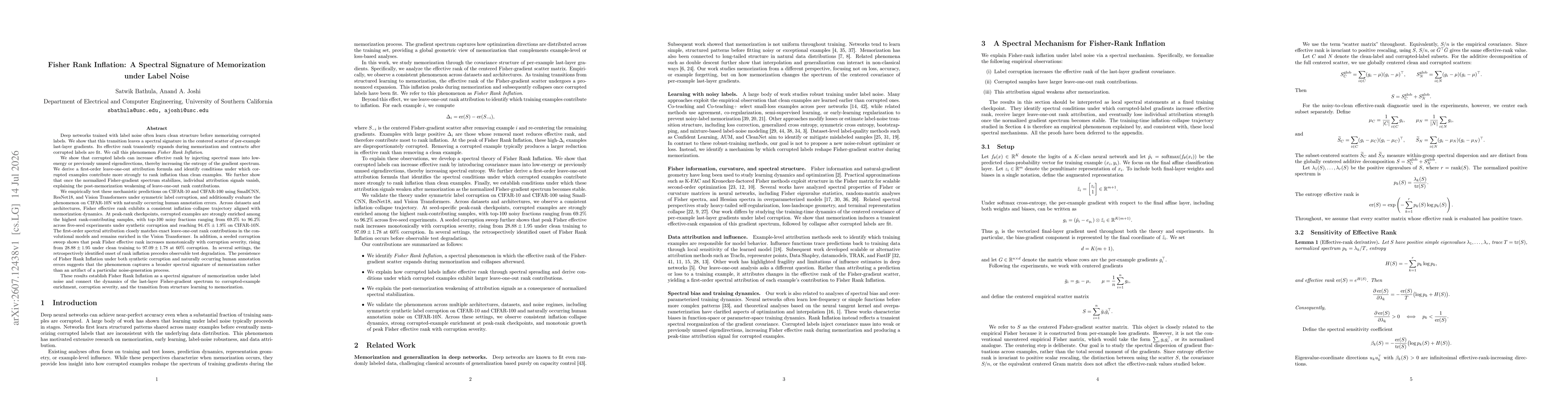 Thumbnail for Fisher Rank Inflation: A Spectral Signature of Memorization under Label Noise