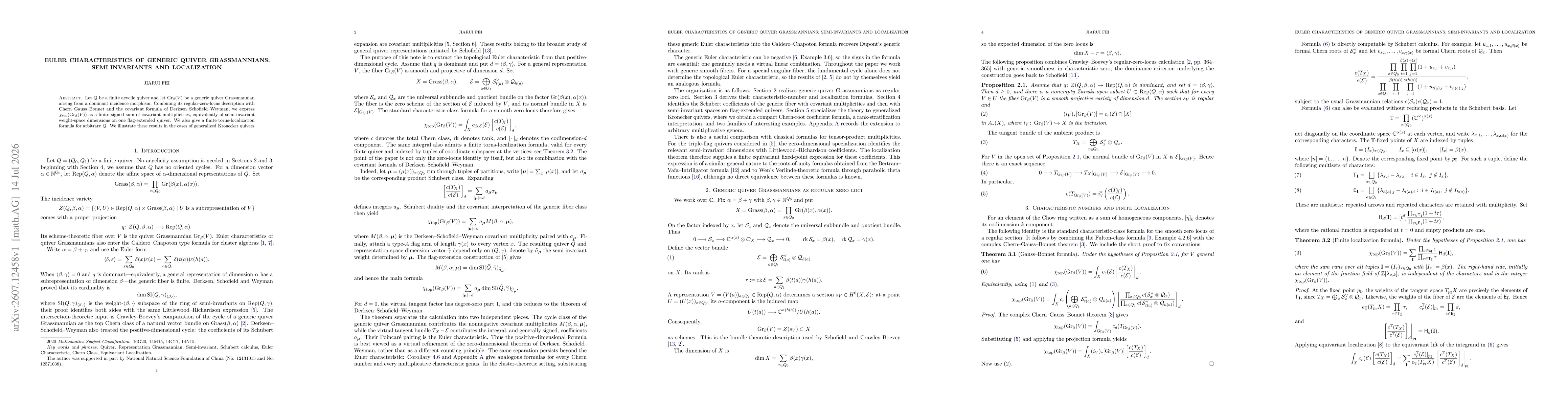 Thumbnail for Euler Characteristics of Generic Quiver Grassmannians: Semi-Invariants and Localization