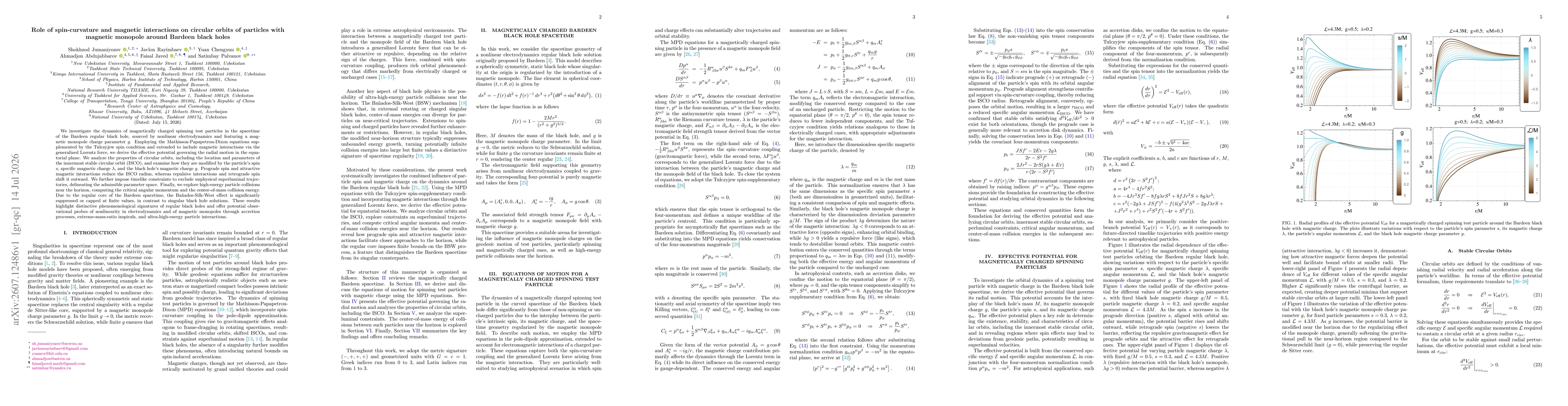 Thumbnail for Role of spin-curvature and magnetic interactions on circular orbits of particles with magnetic monopole around Bardeen black holes