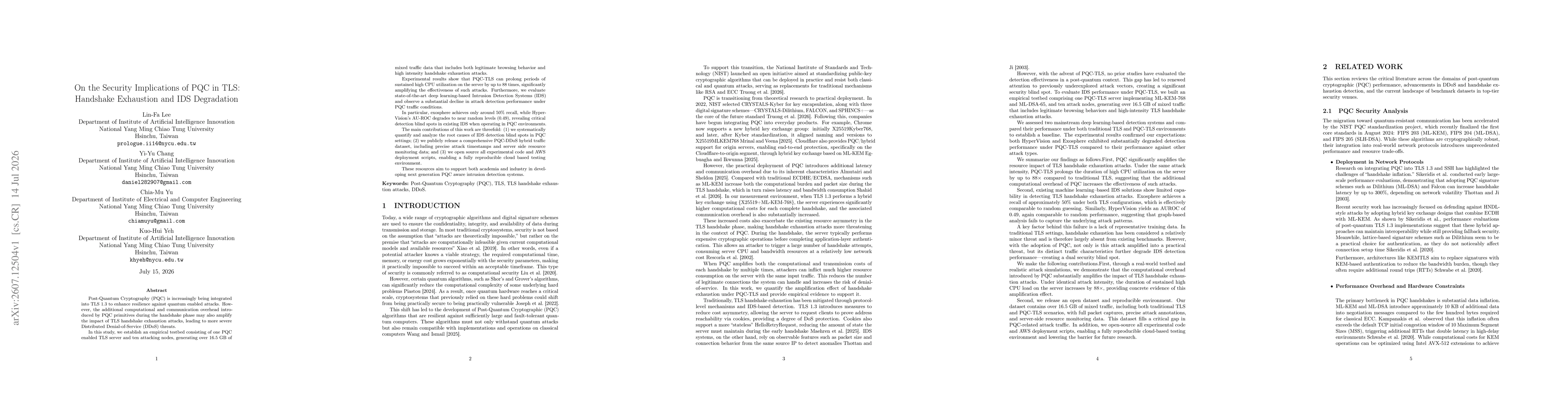 Thumbnail for On the Security Implications of PQC in TLS: Handshake Exhaustion and IDS Degradation