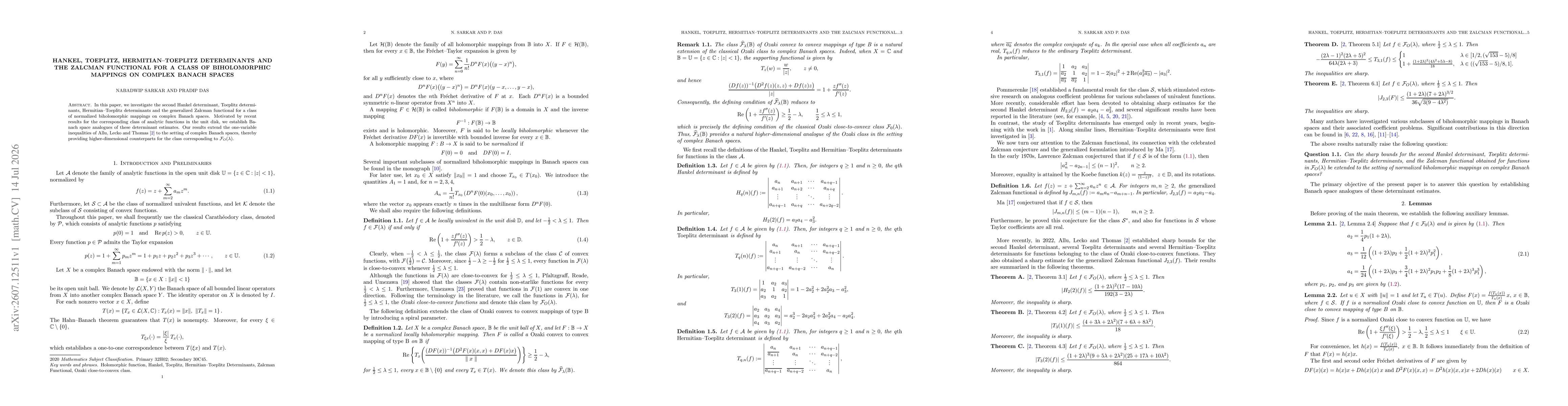 Thumbnail for Hankel, Toeplitz, Hermitian--Toeplitz Determinants and the Zalcman Functional for a Class of Biholomorphic Mappings on Complex Banach Spaces