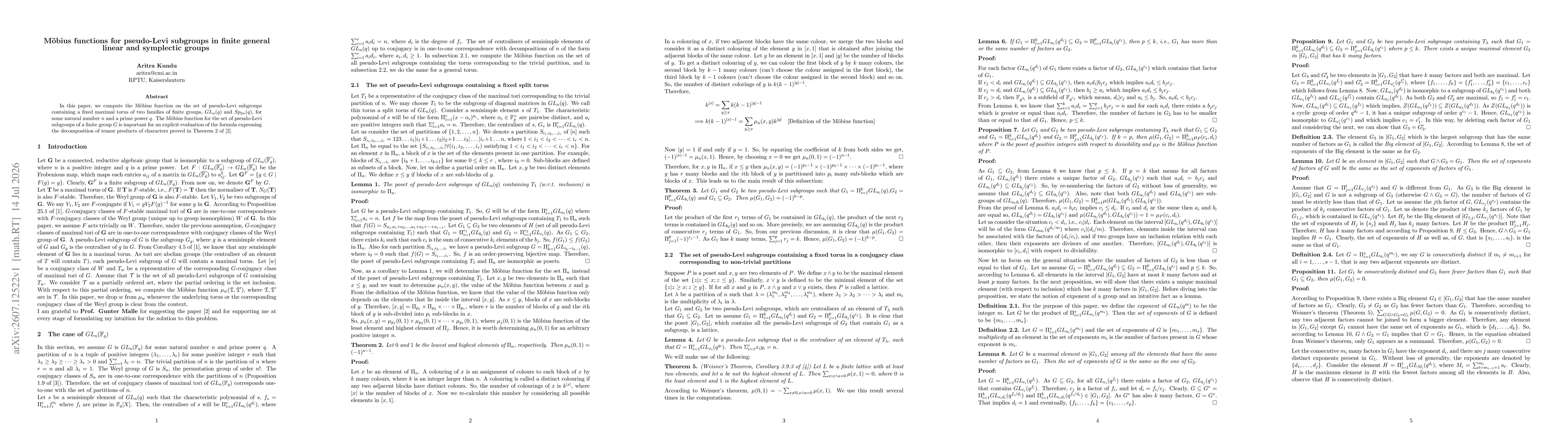 Thumbnail for Möbius functions for pseudo-Levi subgroups in finite general linear and symplectic groups