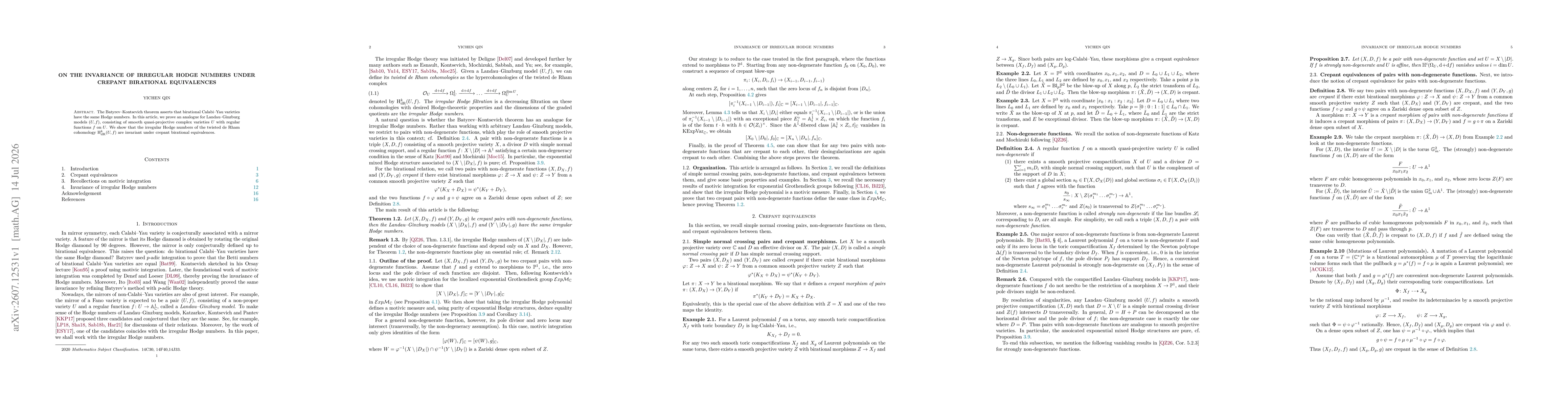 Thumbnail for On the invariance of irregular Hodge numbers under crepant birational equivalences