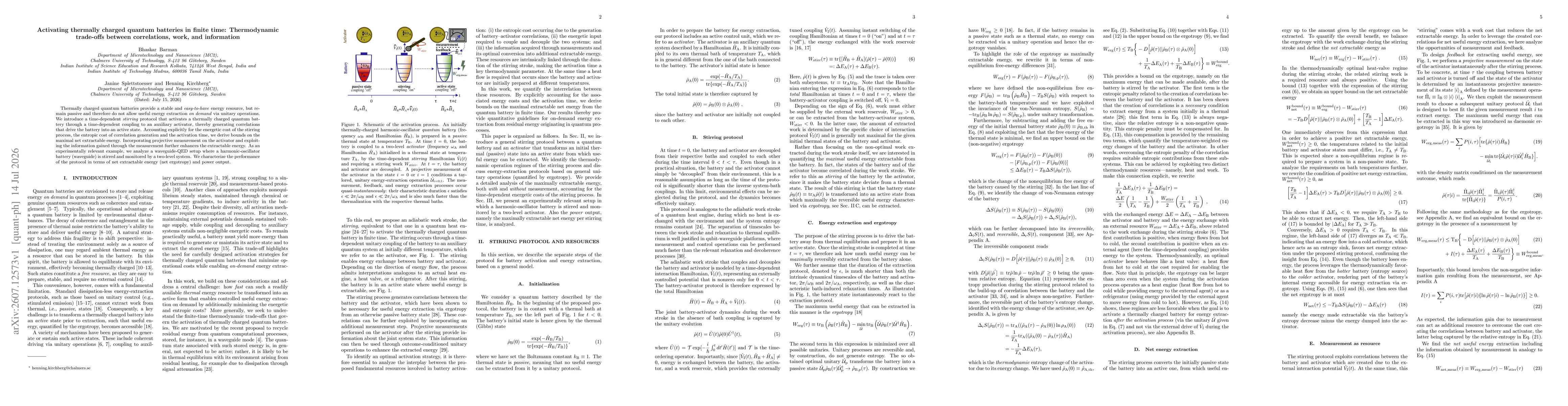 Thumbnail for Activating thermally charged quantum batteries in finite time: Thermodynamic trade-offs between correlations, work, and information