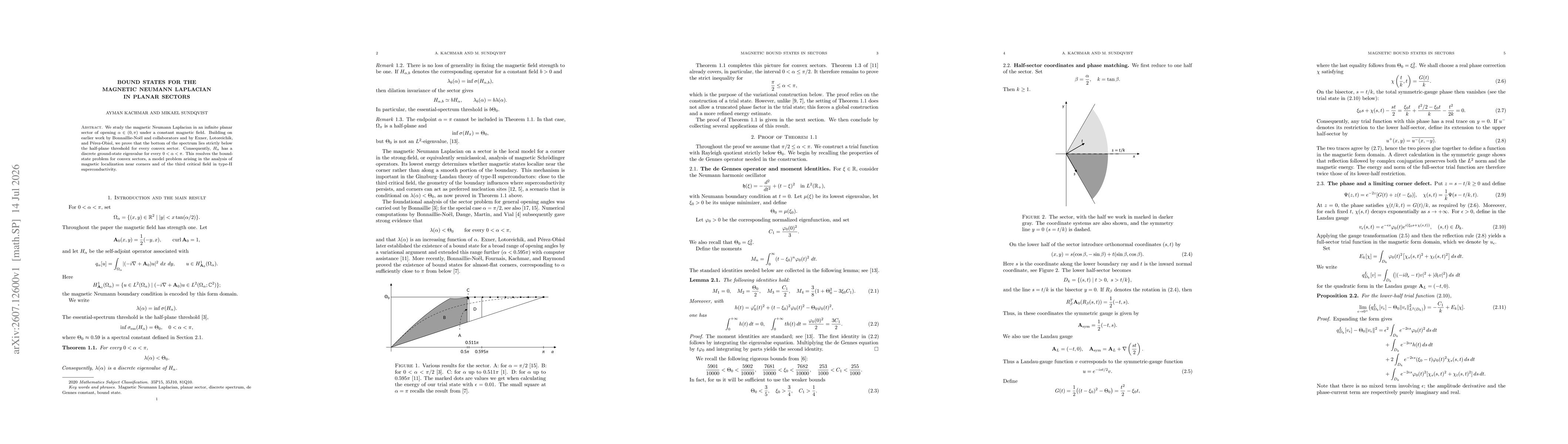 Thumbnail for Bound states for the magnetic Neumann Laplacian in planar sectors