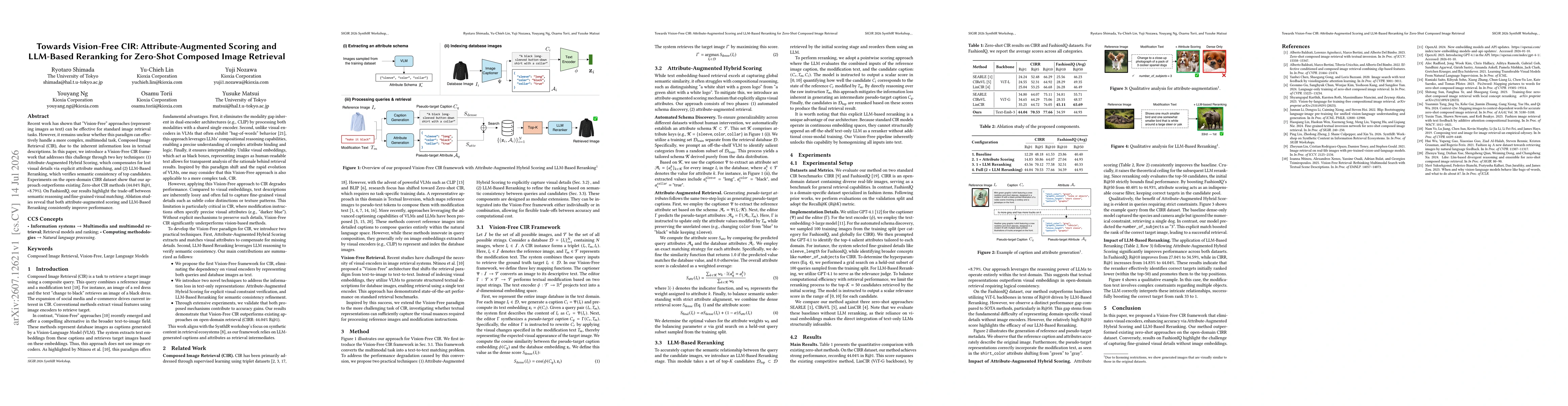 Thumbnail for Towards Vision-Free CIR: Attribute-Augmented Scoring and LLM-Based Reranking for Zero-Shot Composed Image Retrieval
