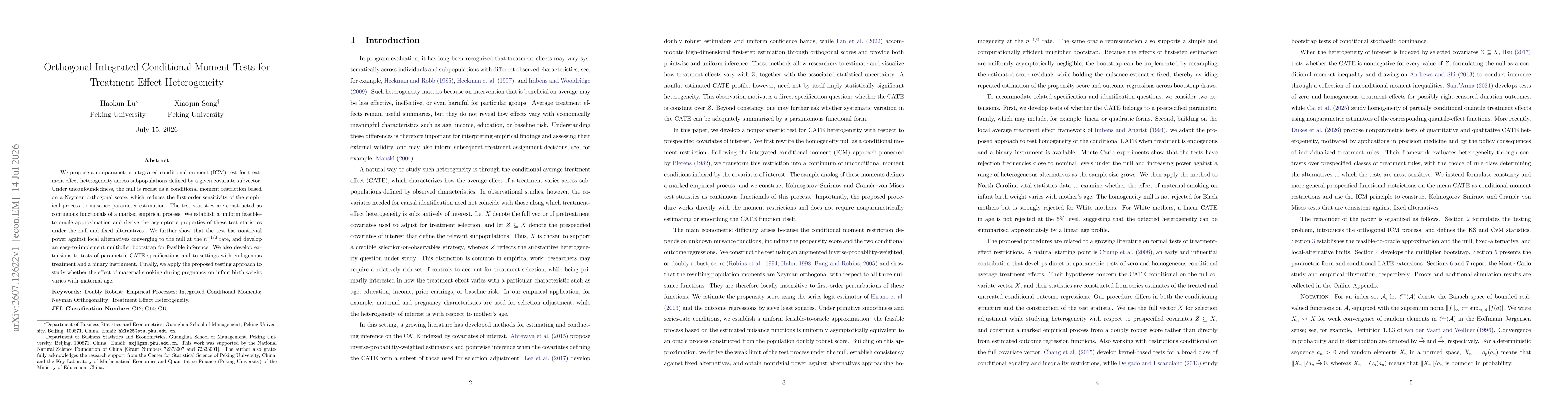 Thumbnail for Orthogonal Integrated Conditional Moment Tests for Treatment Effect Heterogeneity