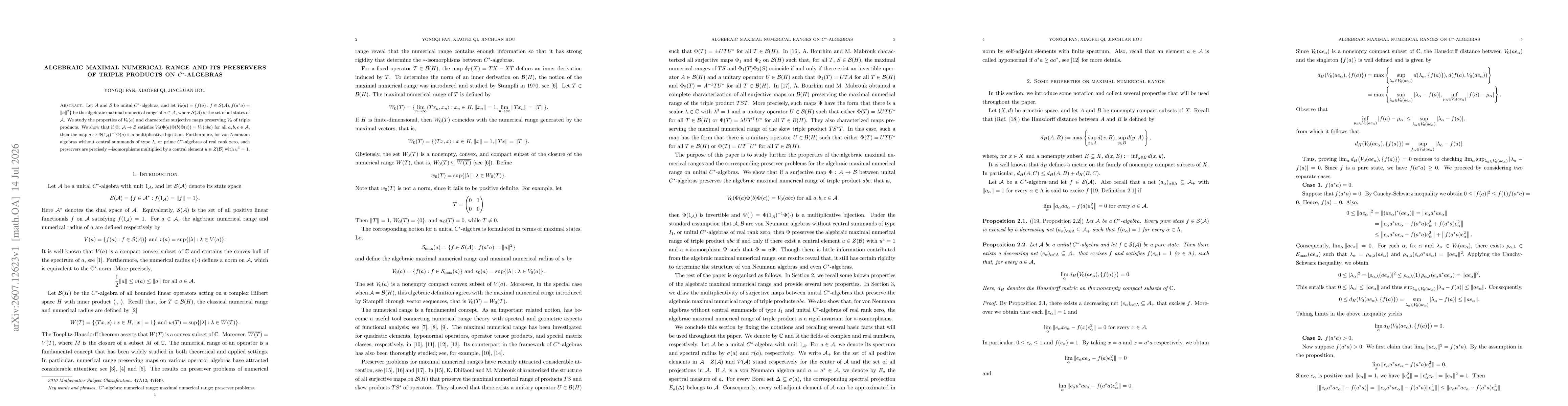 Thumbnail for Algebraic Maximal Numerical Range and its preservers of Triple Products on $C^*$-Algebras