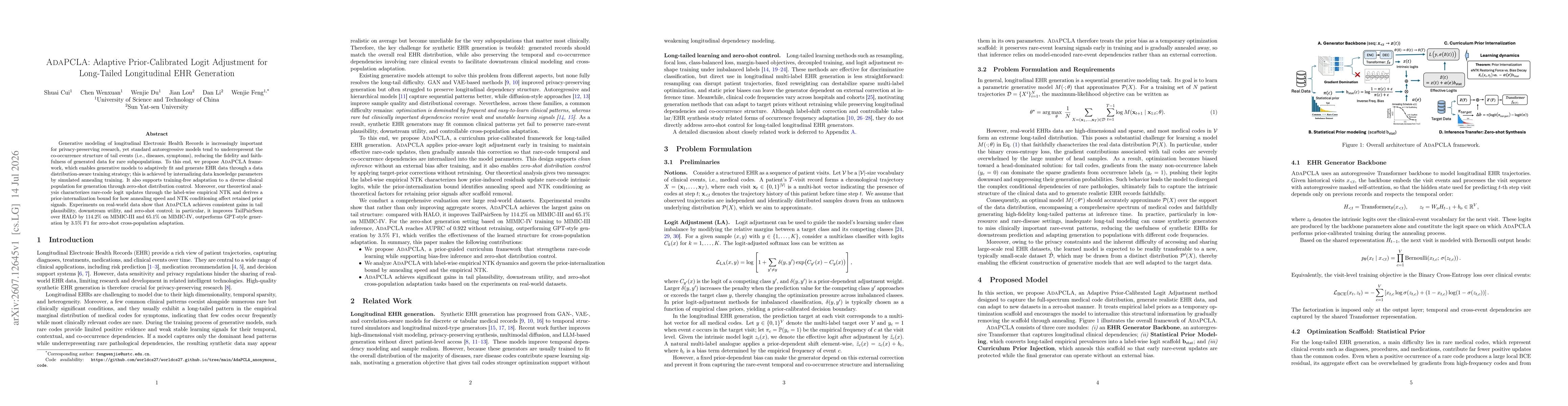 Thumbnail for AdaPCLA: Adaptive Prior-Calibrated Logit Adjustment for Long-Tailed Longitudinal EHR Generation