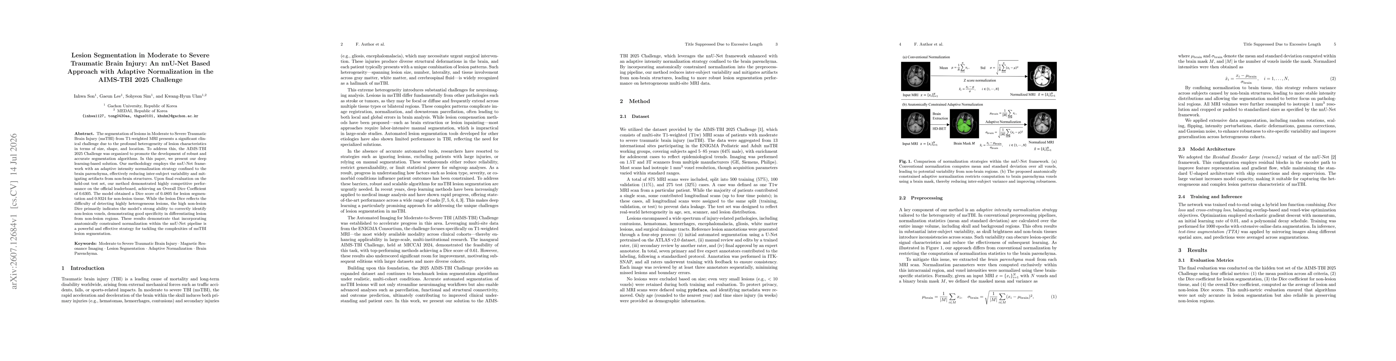 Thumbnail for Lesion Segmentation in Moderate to Severe Traumatic Brain Injury: An nnU-Net Based Approach with Adaptive Normalization in the AIMS-TBI 2025 Challenge