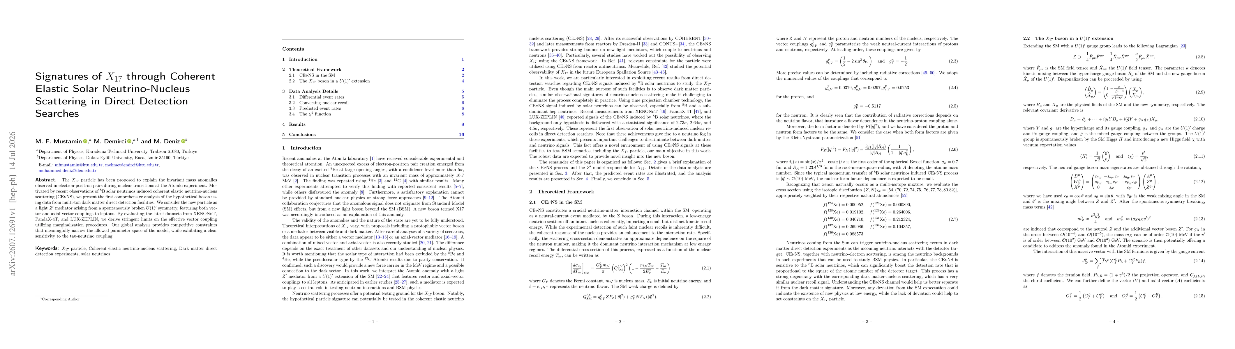 Thumbnail for Signatures of $X_{17}$ through Coherent Elastic Solar Neutrino-Nucleus Scattering in Direct Detection Searches