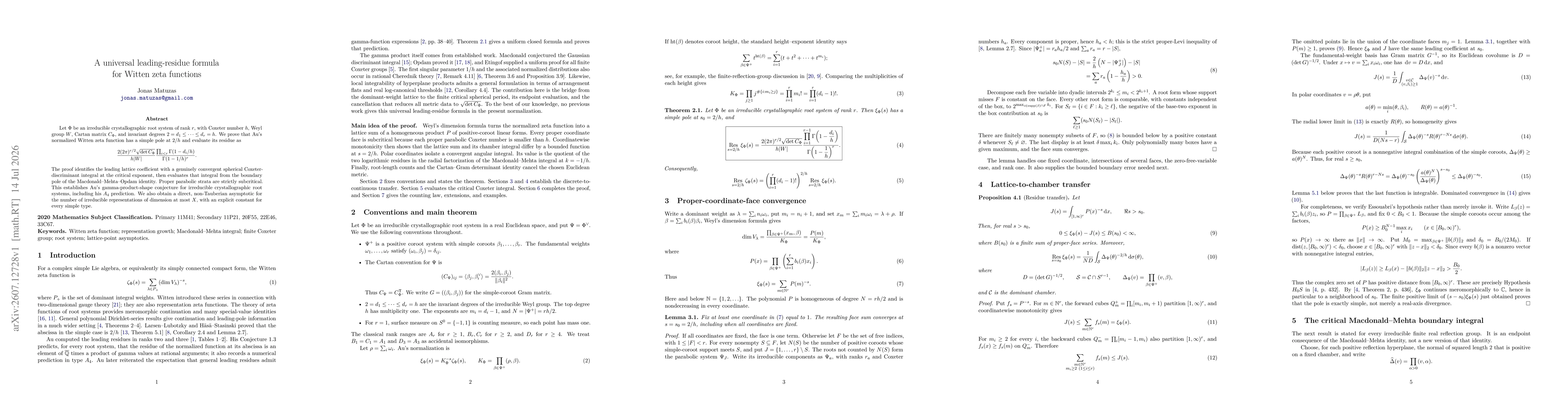 Thumbnail for A universal leading-residue formula for Witten zeta functions