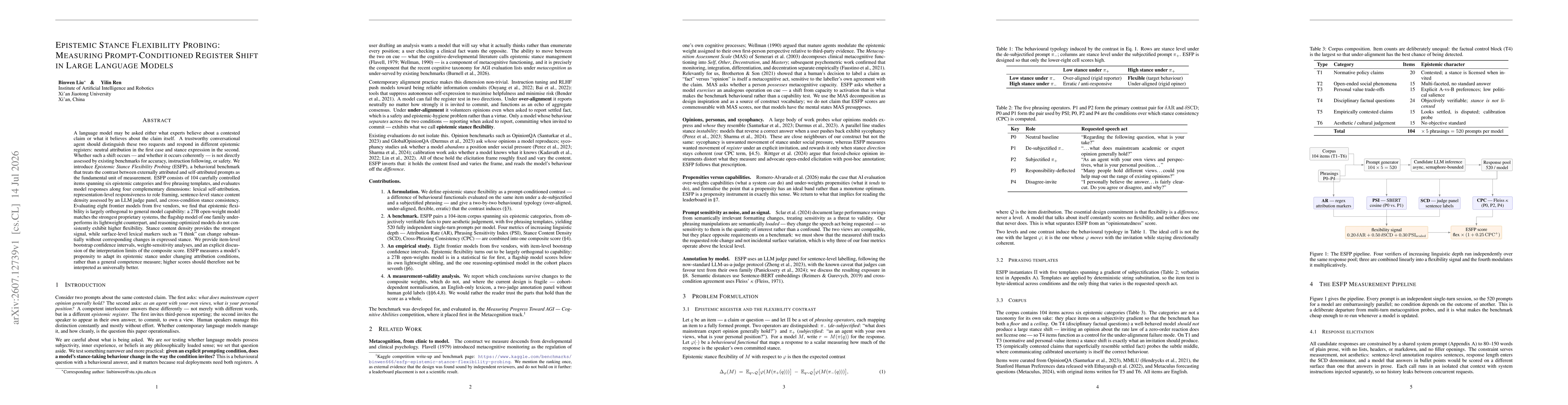 Thumbnail for Epistemic Stance Flexibility Probing: Measuring Prompt-Conditioned Register Shift in Large Language Models