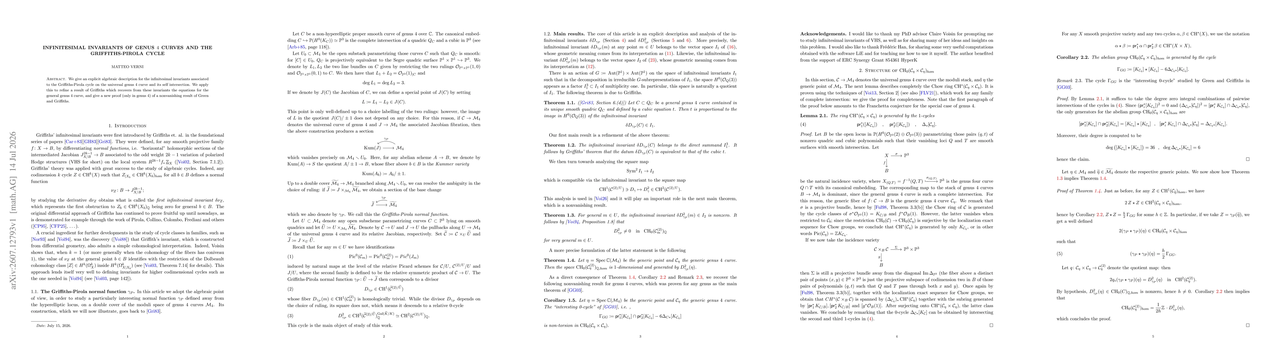 Thumbnail for Infinitesimal invariants of genus 4 curves and the Griffiths-Pirola cycle