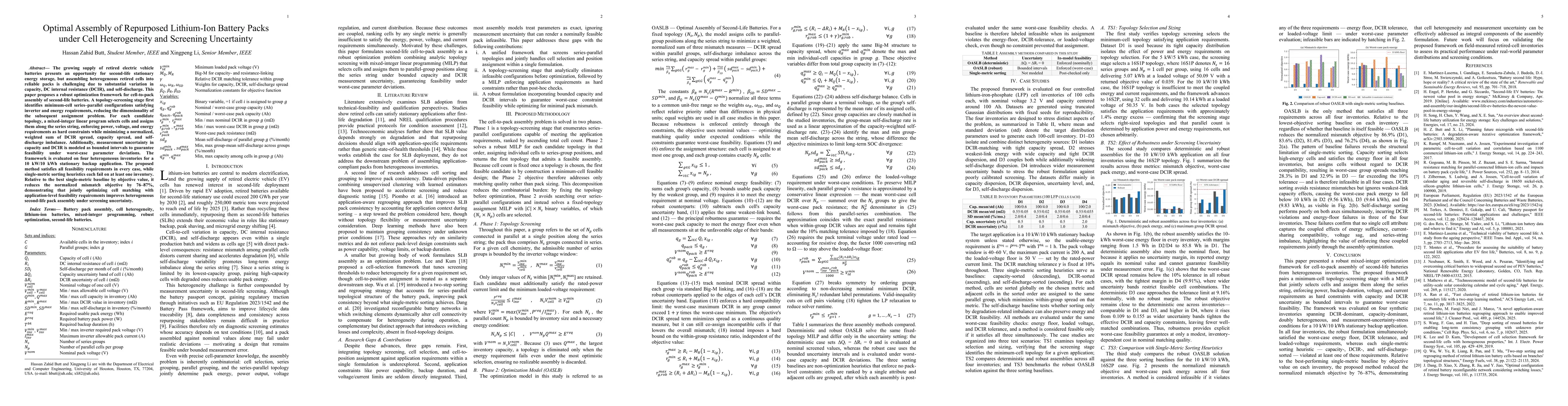 Thumbnail for Optimal Assembly of Repurposed Lithium-Ion Battery Packs under Cell Heterogeneity and Screening Uncertainty