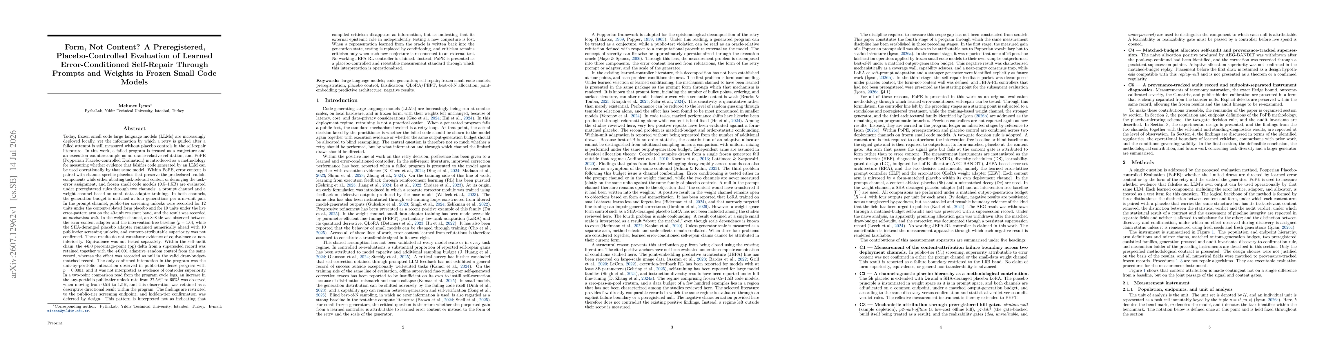 Thumbnail for Form, Not Content? A Preregistered, Placebo-Controlled Evaluation of Learned Error-Conditioned Self-Repair Through Prompts and Weights in Frozen Small Code Models