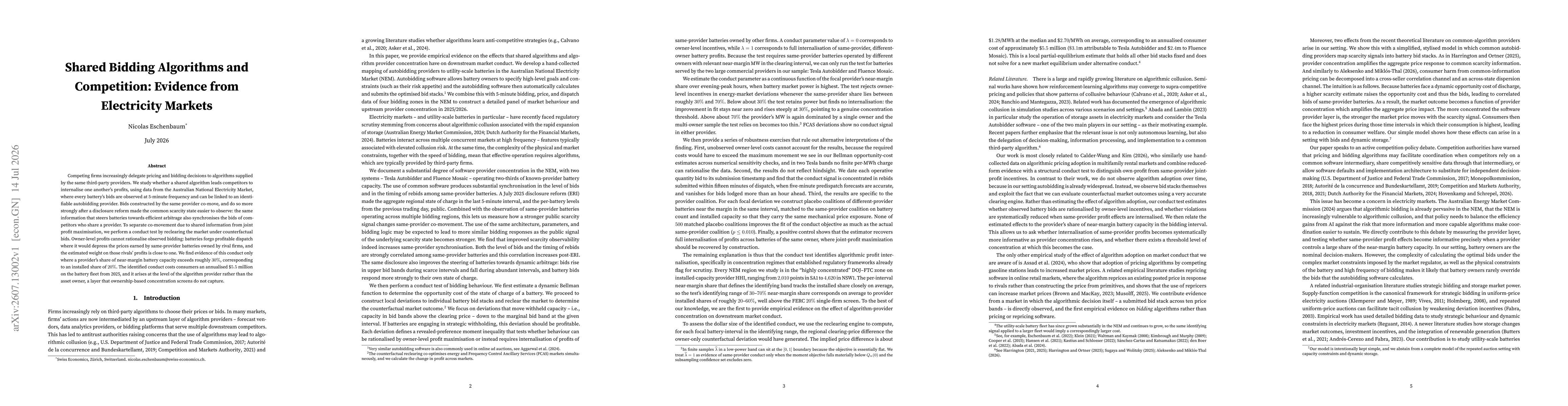 Thumbnail for Shared Bidding Algorithms and Competition: Evidence from Electricity Markets