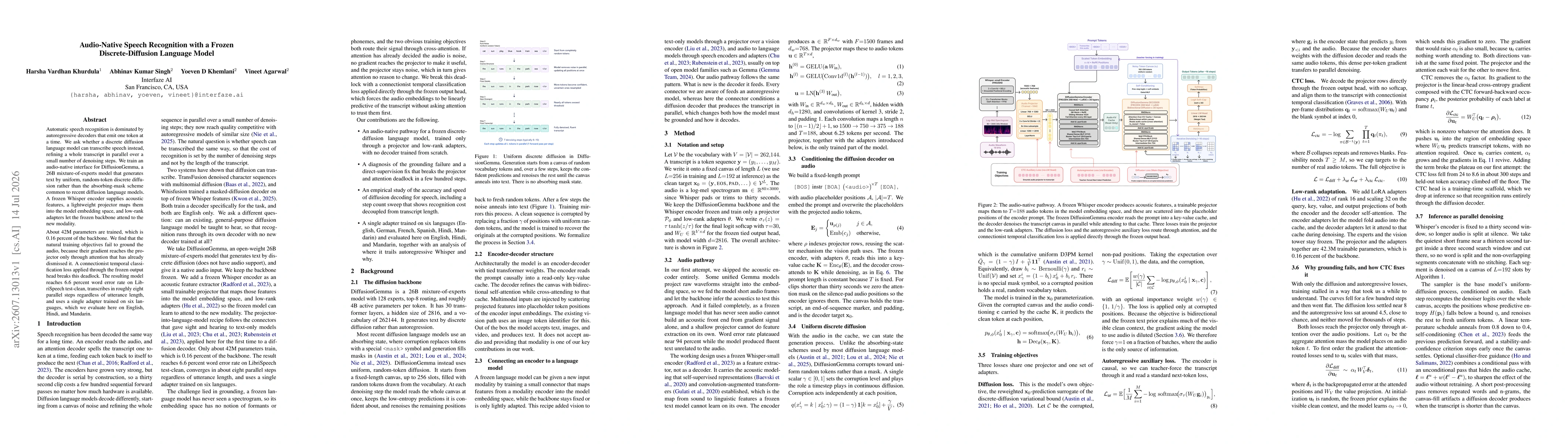 Thumbnail for Audio-Native Speech Recognition with a Frozen Discrete-Diffusion Language Model