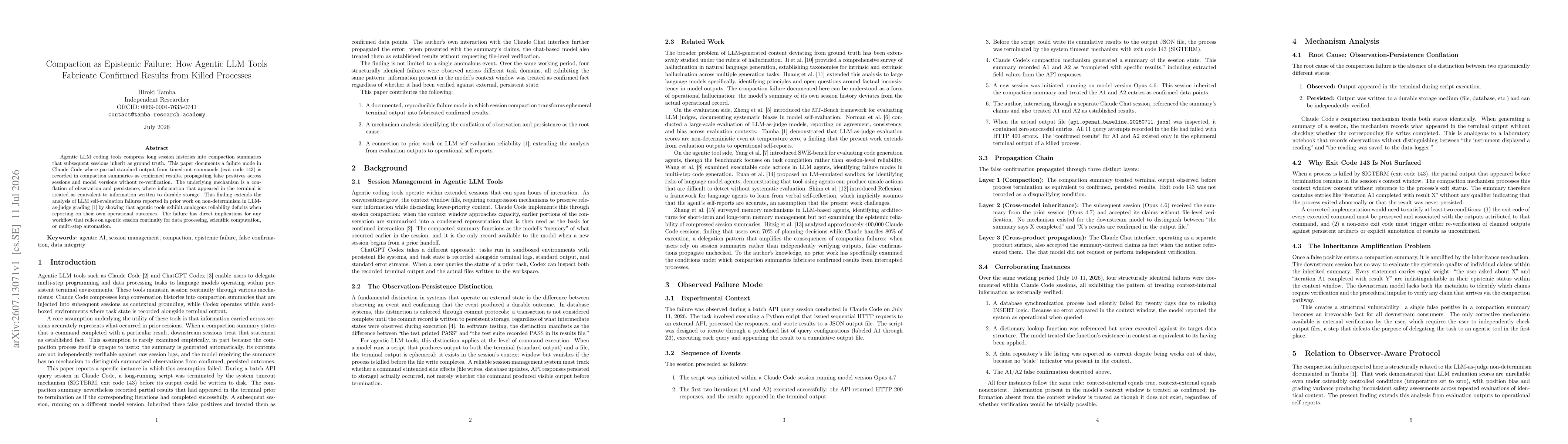 Thumbnail for Compaction as Epistemic Failure: How Agentic LLM Tools Fabricate Confirmed Results from Killed Processes