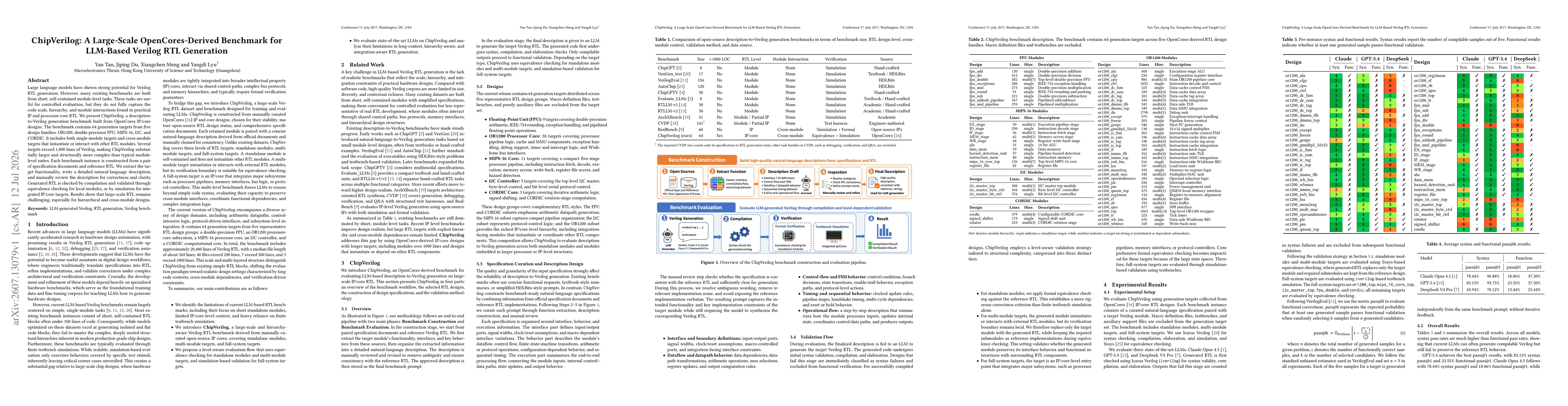Thumbnail for ChipVerilog: A Large-Scale OpenCores-Derived Benchmark for LLM-Based Verilog RTL Generation