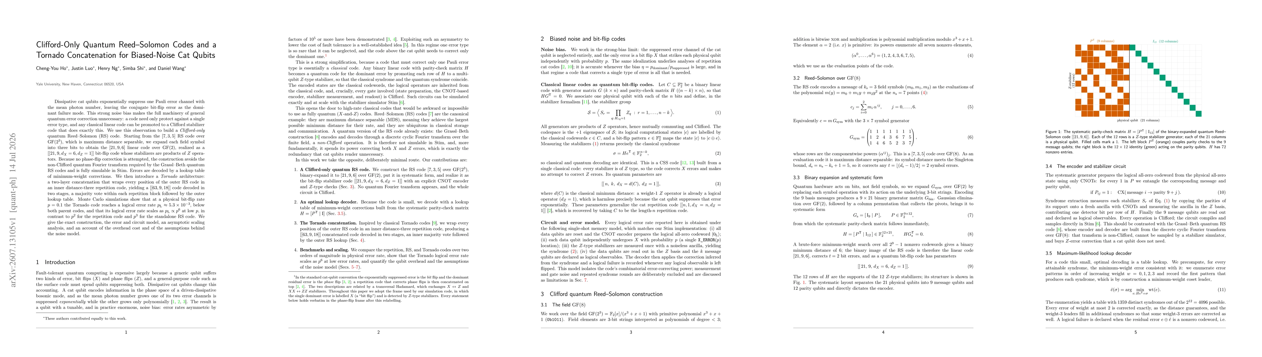 Thumbnail for Clifford-Only Quantum Reed-Solomon Codes and a Tornado Concatenation for Biased-Noise Cat Qubits